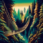 Vancouver summer activities; Illustration of visitors crossing the Capilano Suspension Bridge surrounded by lush forest; Vancouver summertime activities