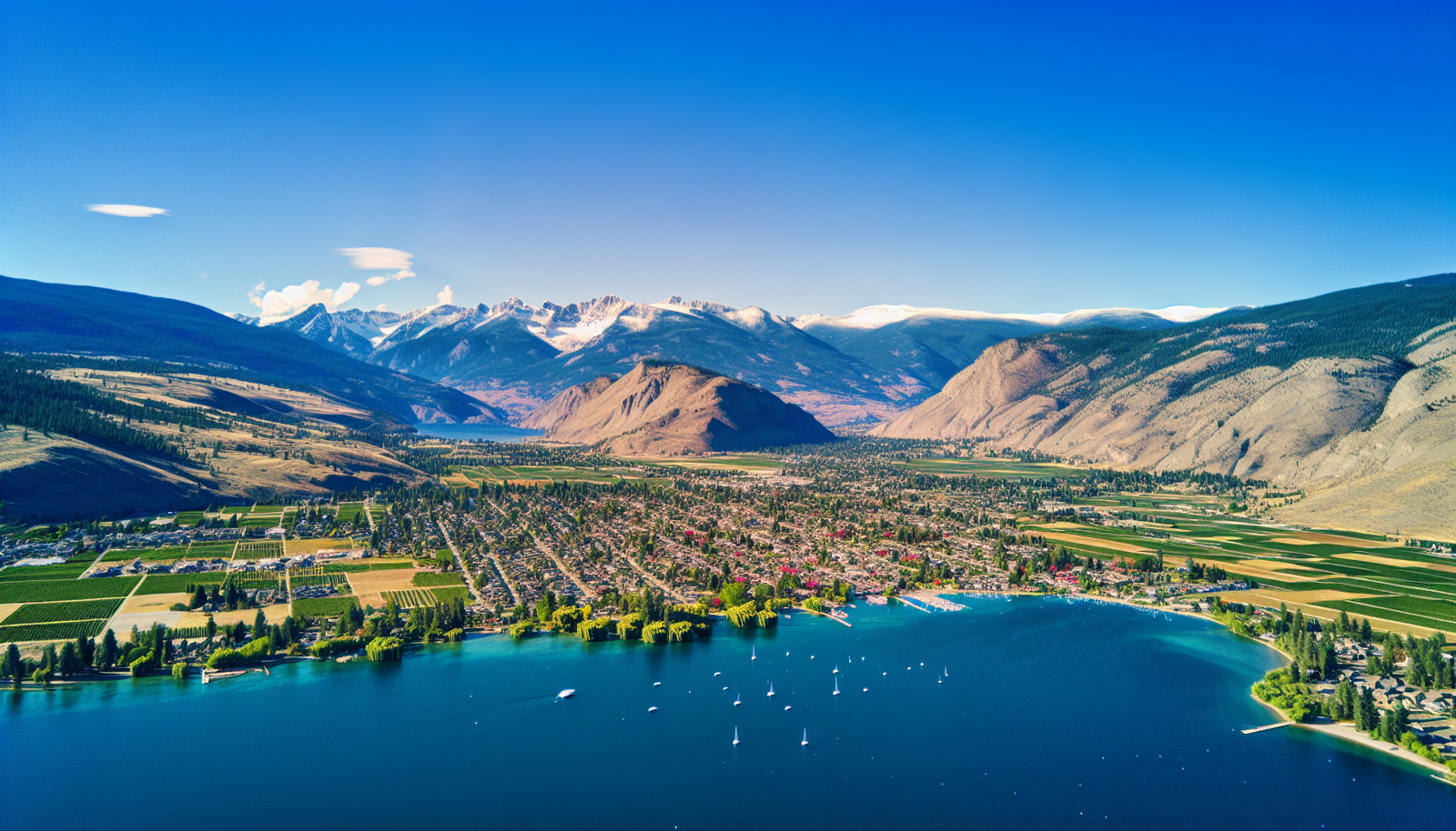 Aerial view of Osoyoos showing the surrounding mountains and Osoyoos Lake