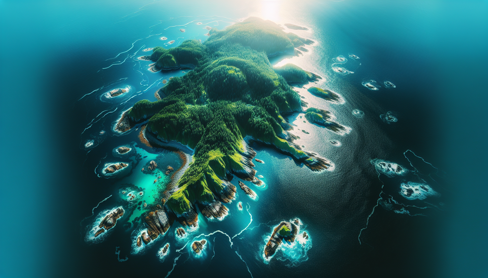 Aerial view of Texada Island coastline with lush greenery and blue ocean