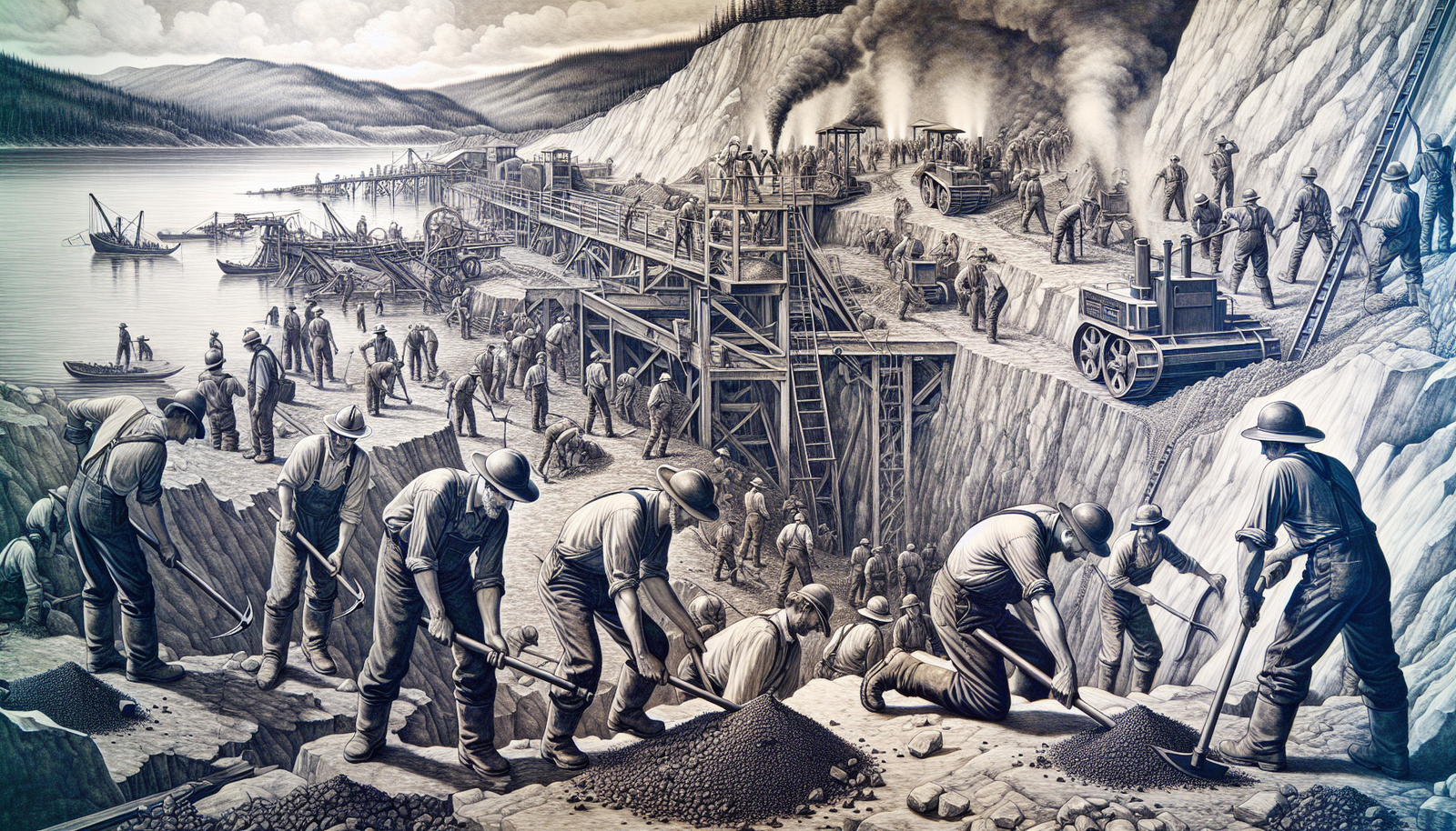Illustration of Texada Island's mining history with miners working in a quarry