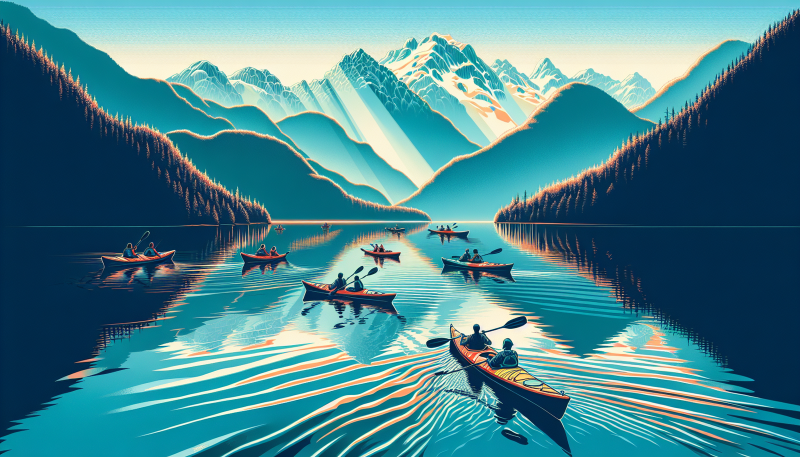Illustration of kayaking on Cowichan Lake with scenic mountains in the background