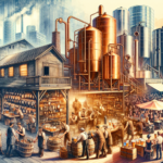 Illustration of historic brewery with modern craft beer scene