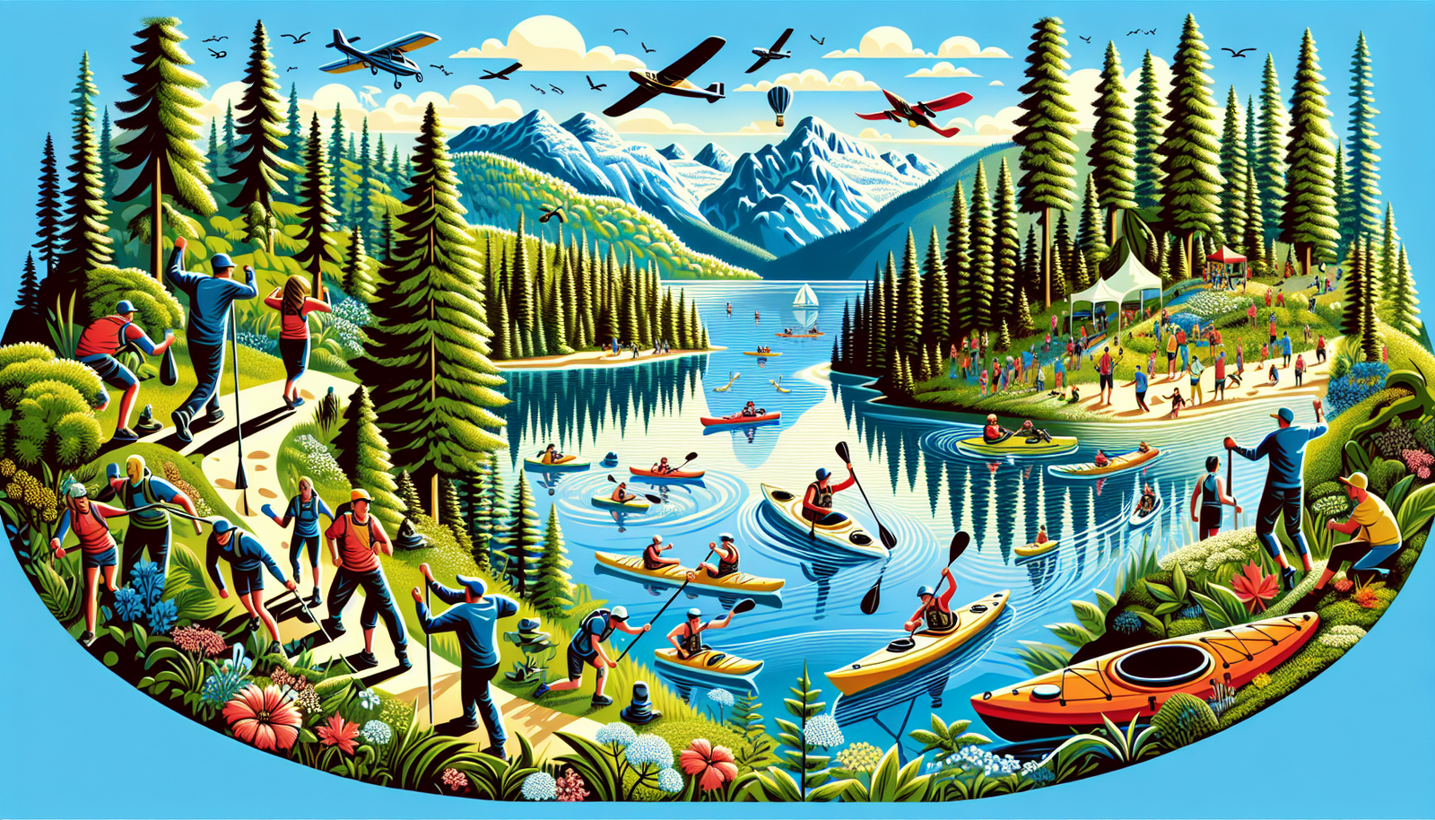 Illustration of outdoor activities on Texada Island including hiking, kayaking, and paddleboarding