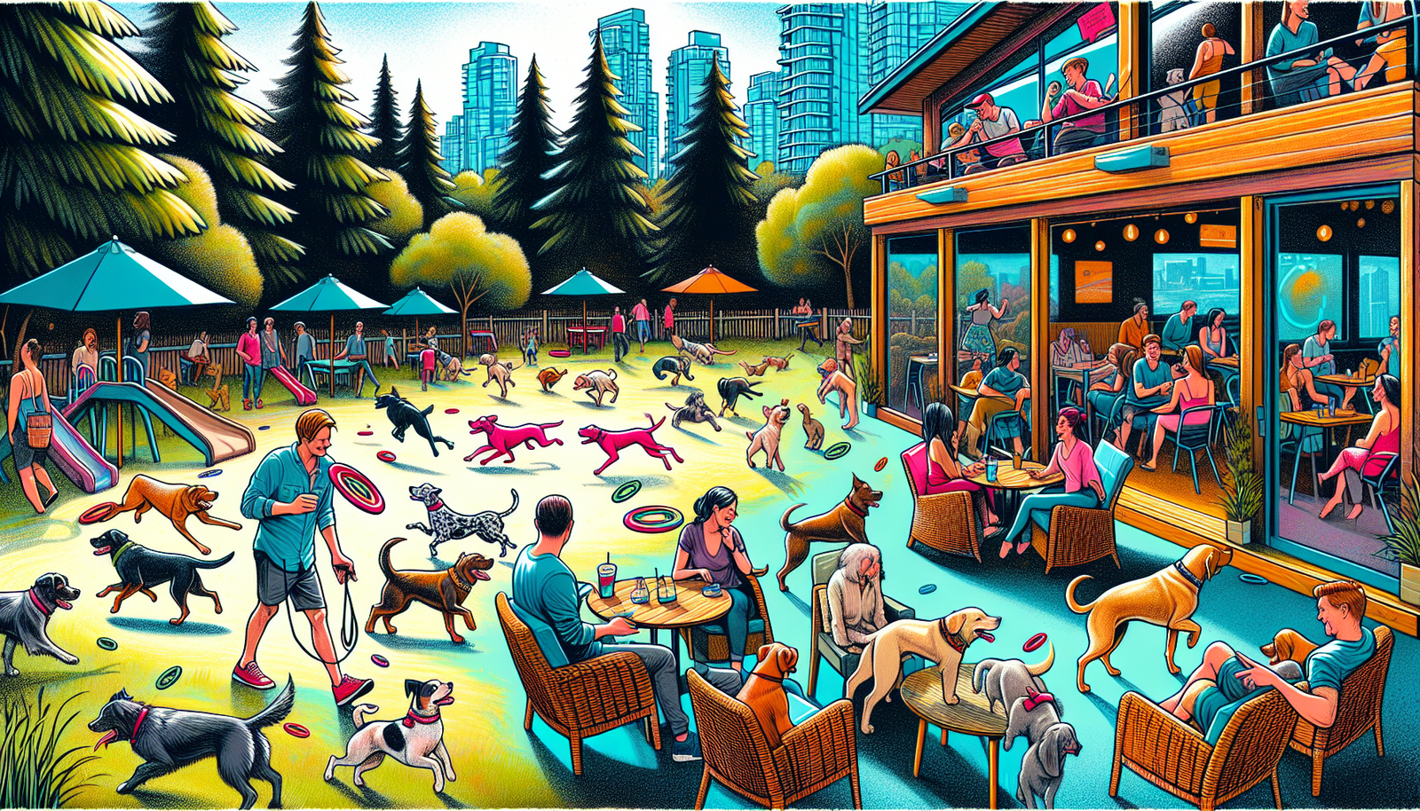 Off-leash dog park with adjacent patio in Vancouver