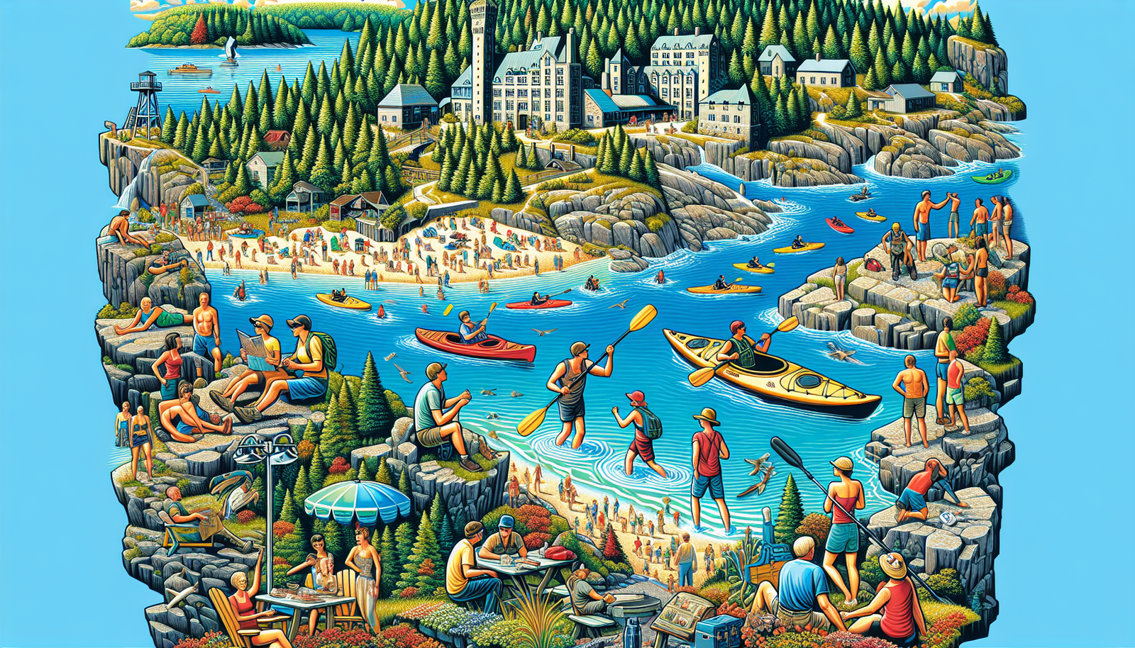 Illustration of Texada Island's tourist attractions and activities with diverse visitors enjoying the scenery