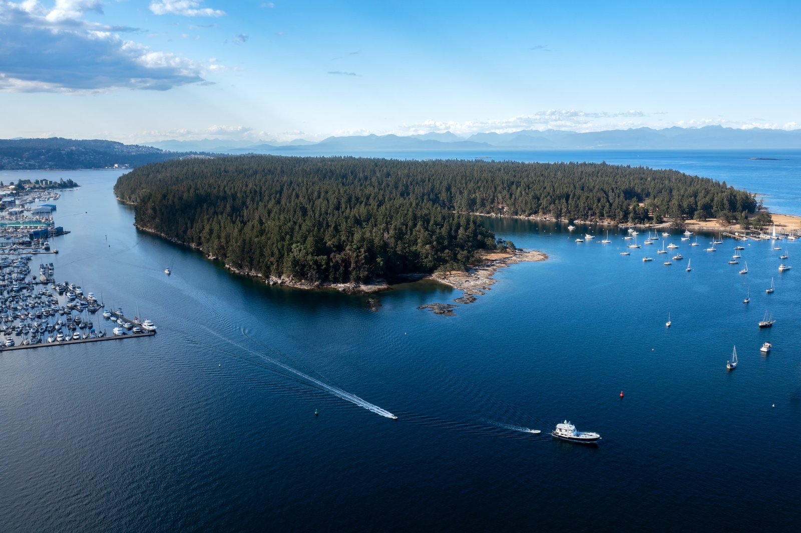 An aerial shot of Newcastle Island near Nanaimo, Vancouver Island, Canada