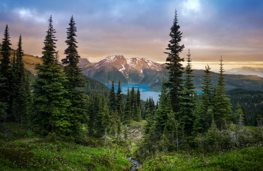 View of garibaldi lake at sunset