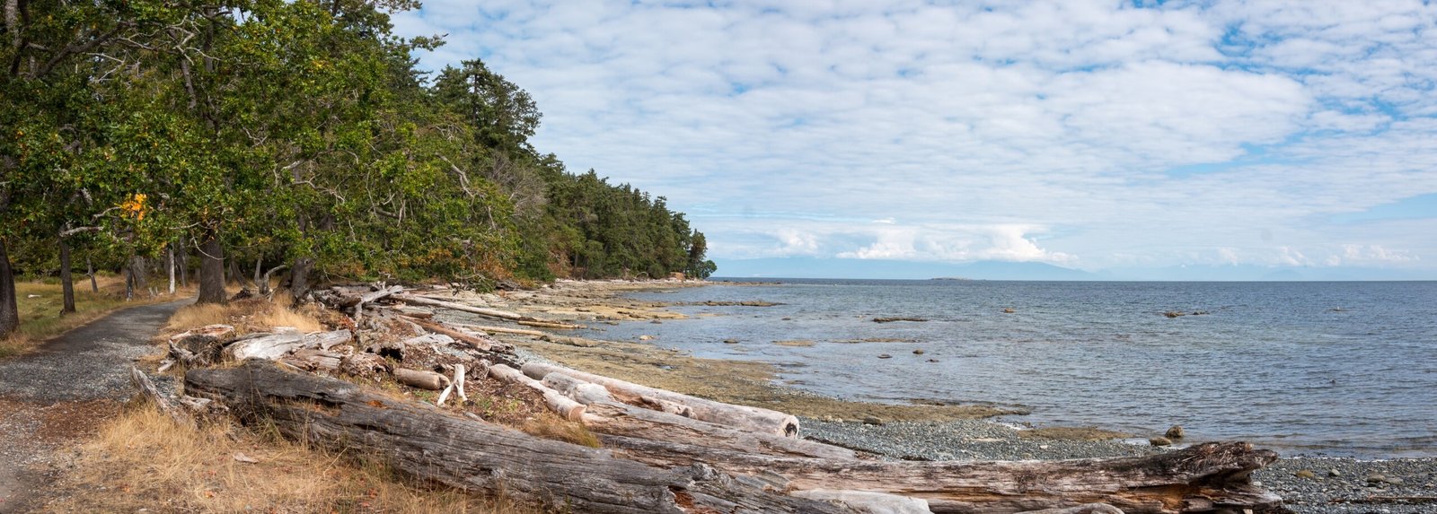 Panoramic view of sandstone beach at Saysutshun (Newcastle Island) near Nanaimo