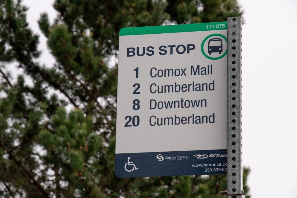 Bus stop sign in Courtenay, Comox Valley on Vancouver Island.