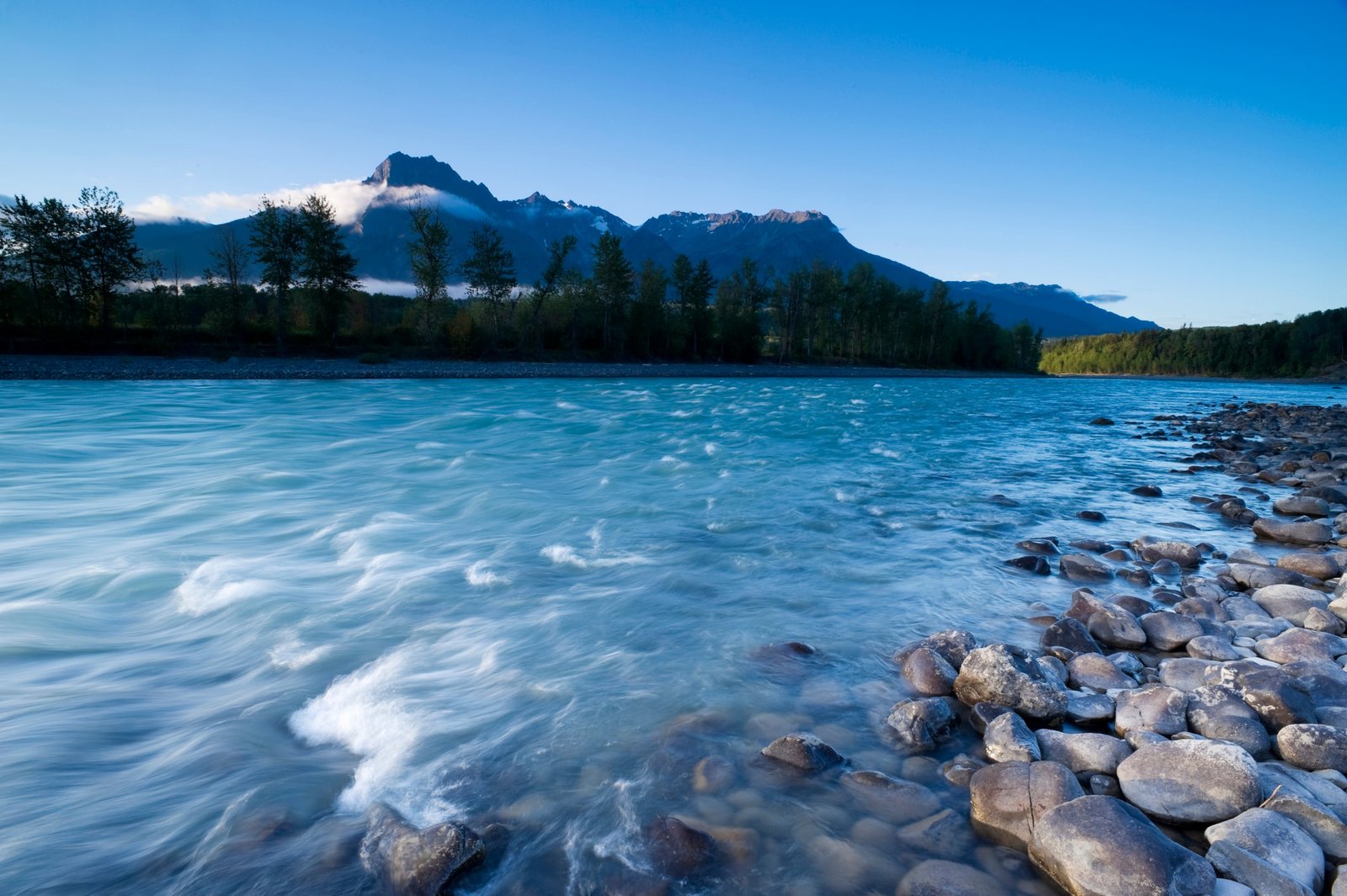 Sunrise on the mountains by the Skeena River in northern British Columbia.