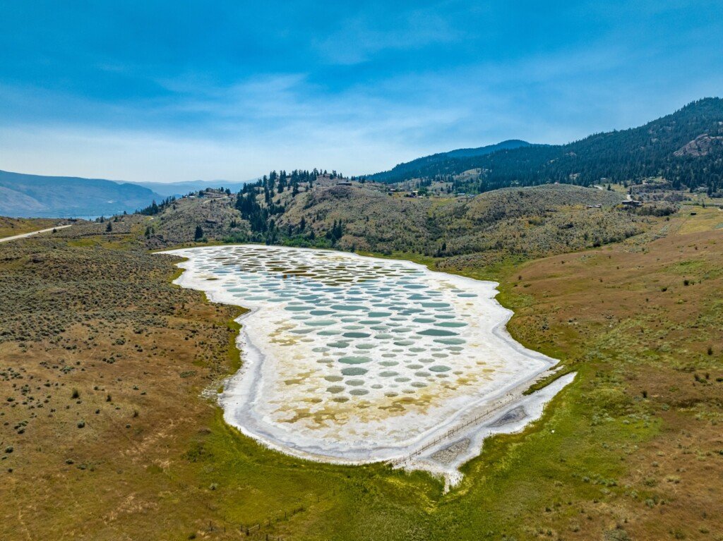 Aerial view of Spotted Lake, saline, alkaline lake located in Osoyoos in heart of valley in British Columbia.