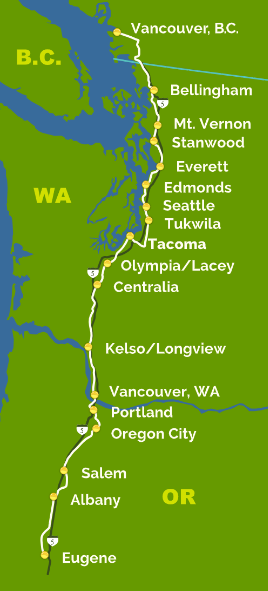 Train stops along the Amtrak Cascades route between Vancouver, BC and Eugene, OR.