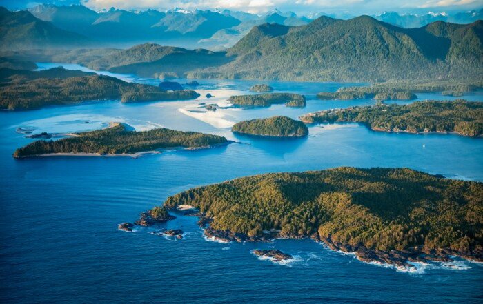 Aerial shot with Clayoquot Sound (near Tofino), Vancouver Island.