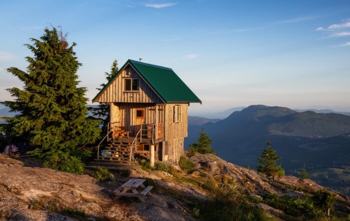 Tin Hat Cabin (located near Powell River, Sunshine Coast, British Columbia) during a sunny summer evening.