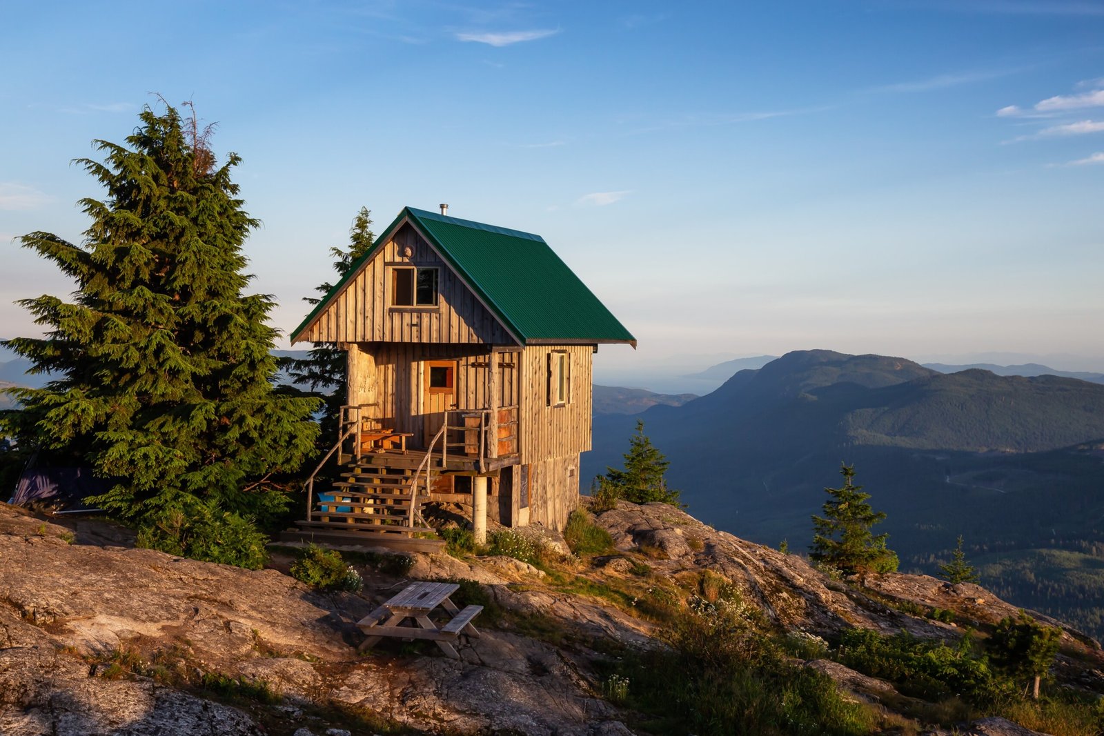 Tin Hat Cabin (located near Powell River, Sunshine Coast, British Columbia) during a sunny summer evening.