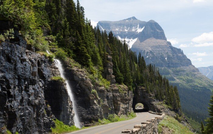 Waterfall and forest along road in Glacier National Park, British Columbia.