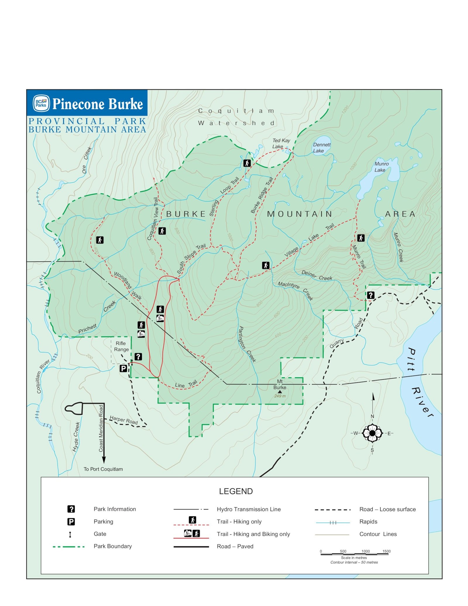 Map illustrating the various hiking trails in Pinecone Burke Provincial Park.