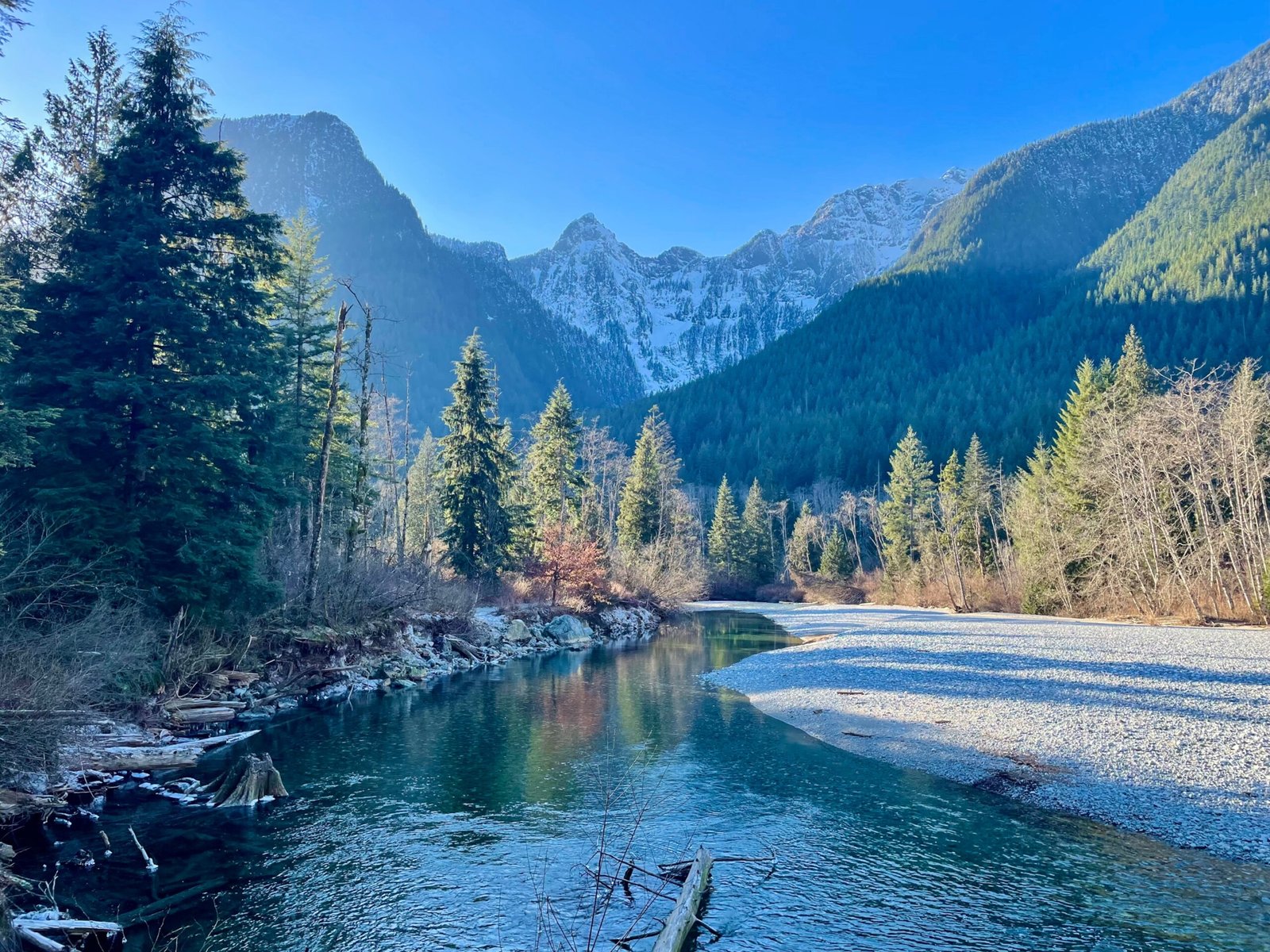 Snow-capped mountains in Golden Ears Provincial Park.