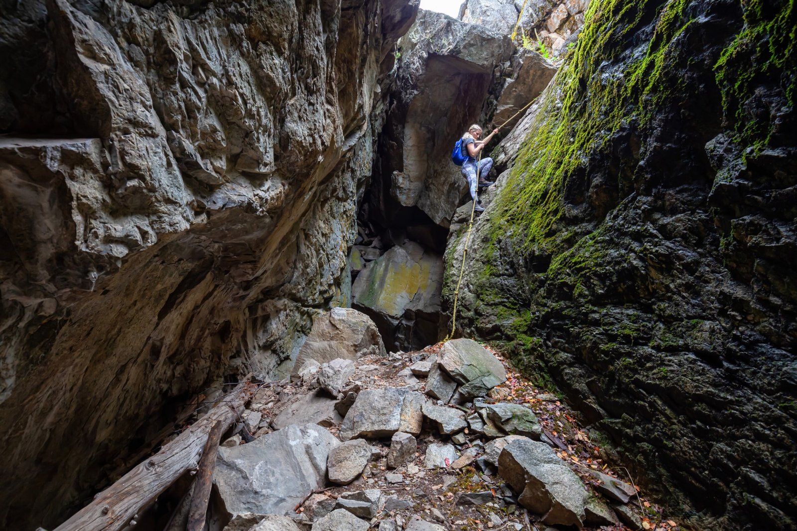 Rocky cave climbing in Skaha Bluffs Provincial Park, Penticton, British Columbia.