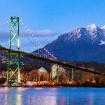 Lion’s Gate Bridge and Grouse Mountain view at twilight