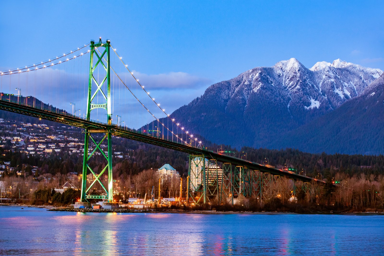 Lion’s Gate Bridge and Grouse Mountain view at twilight