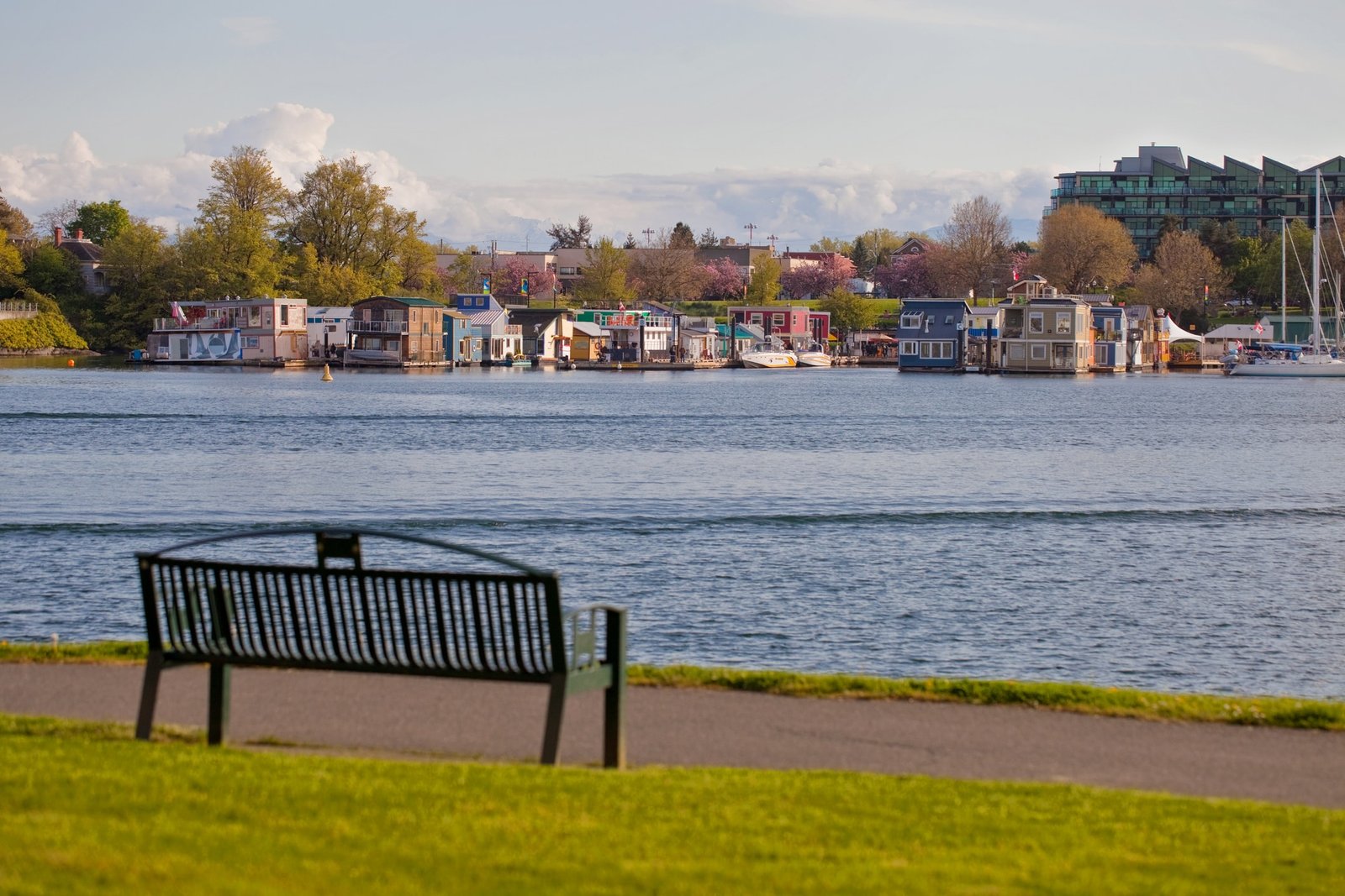 A bench overlooking Fisherman's Wharf in Victoria.