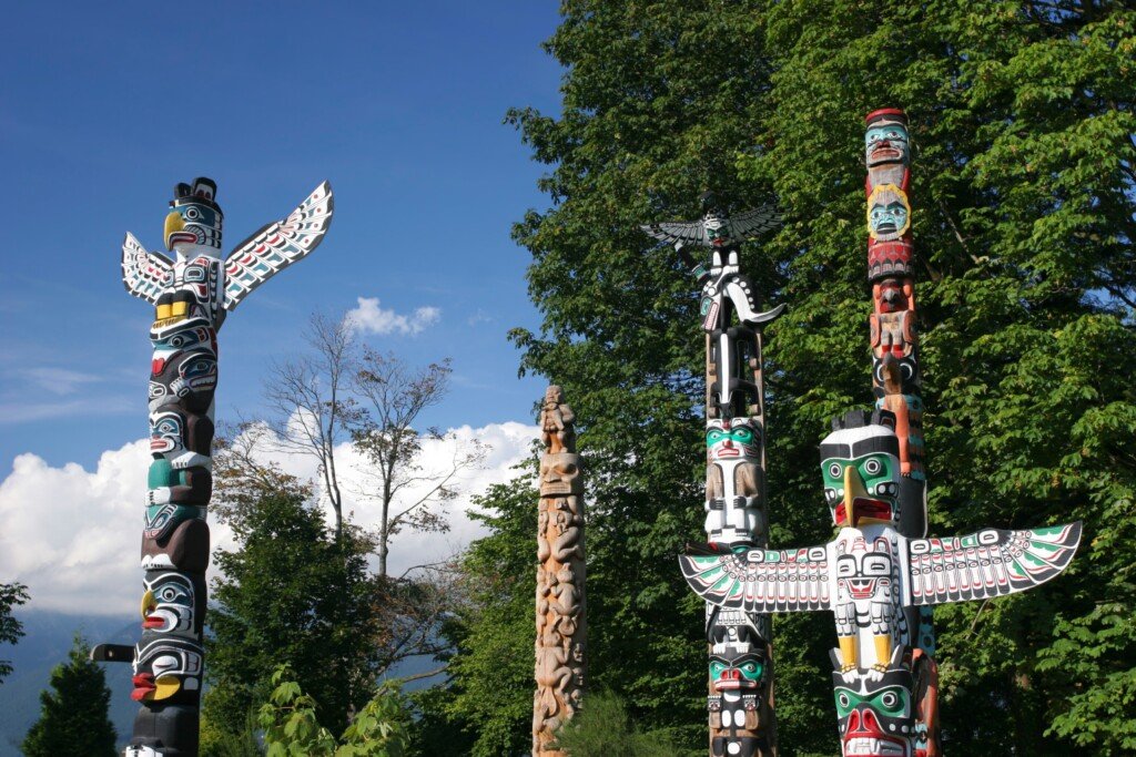 Collection of Totem Poles in Stanley Park, Vancouver.