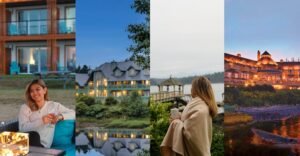 New Year's Eve in British Columbia: Four-panel collage showing luxury Pacific Northwest resort experiences: woman enjoying wine on oceanfront patio at dusk, waterfront resort with gazebo reflected in calm water, woman in cozy blanket holding coffee mug overlooking misty coastline, and illuminated Wickaninnish Inn at sunset along rocky shore