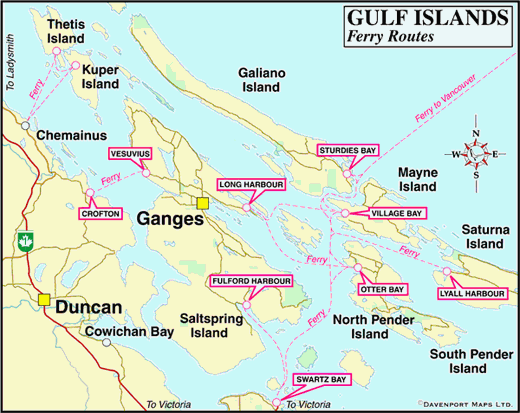 Detailed map of the Southern Gulf Islands in British Columbia, showing island locations, coastlines, and surrounding waters.