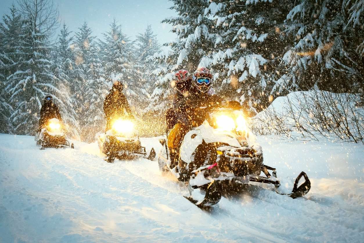 Group of snowmobilers riding through deep powder snow in a forest near Whistler at golden hour with snow-covered evergreen trees