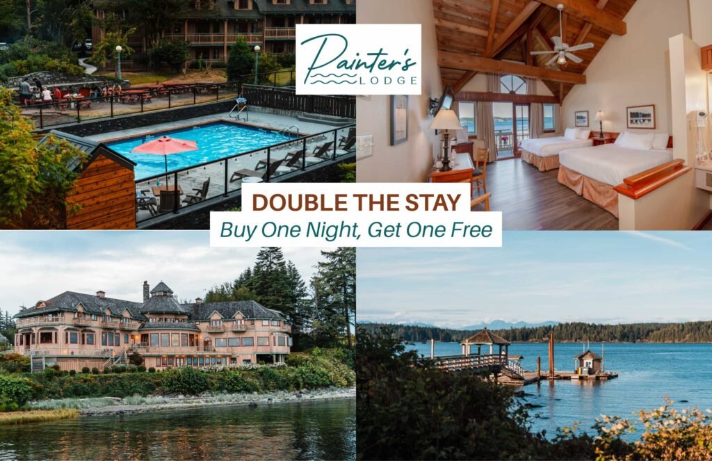 Painter's Lodge oceanfront resort in Campbell River showcasing buy one night get one free winter package with pool facilities, guest rooms, and northern Vancouver Island waterfront views