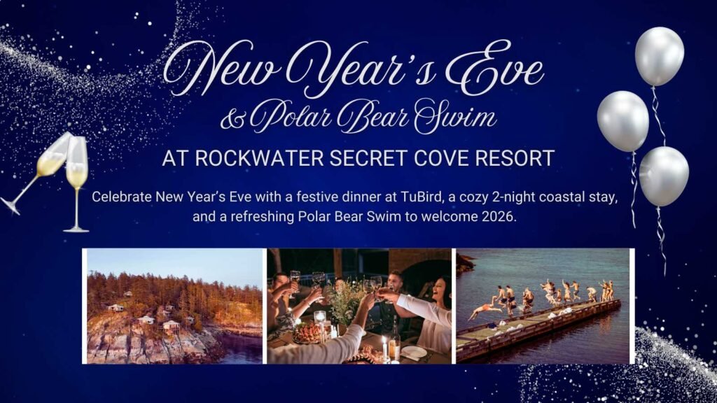 New Year's Eve celebration at Rockwater Secret Cove Resort featuring festive dinner at TuBird Restaurant, coastal accommodations, and Polar Bear Swim with champagne glasses and silver balloons on navy blue background