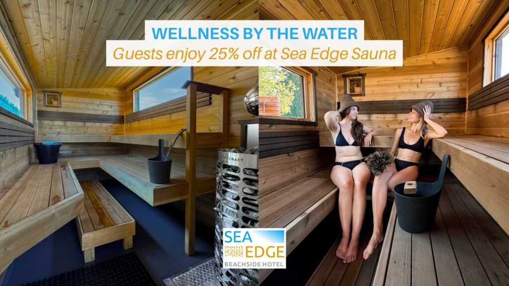 Wellness by the water at Sea Edge's oceanfront Finnish sauna in Parksville featuring 25% guest discount, authentic sauna experience with ocean views and traditional sauna buckets