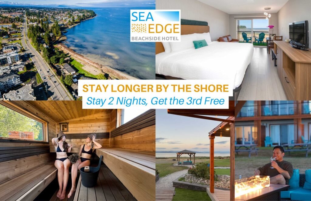 Sea Edge Beachside Hotel in Parksville offering stay 2 nights get 3rd free promotion with oceanfront rooms, beachside location, Finnish sauna access, and coastal relaxation amenities