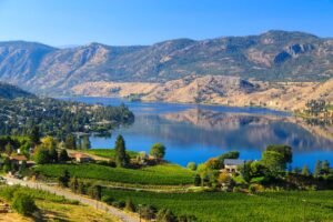 Lush green vineyards overlooking the blue waters of Skaha Lake in Okanagan wine country during spring.