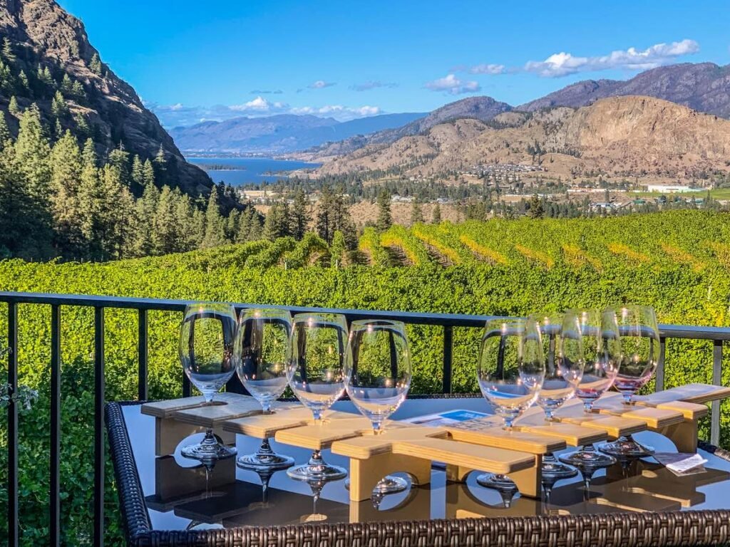 A wooden wine flight board with empty glasses on a patio overlooking the rolling hills of Okanagan wine country.
